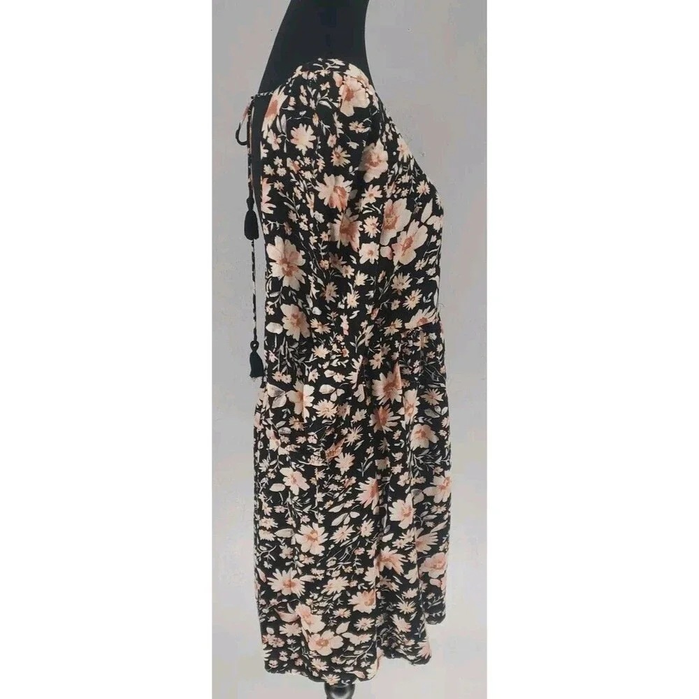 American‎ Eagle 3/4 Sleeve Black Floral Boho Peasant Mini Dress Size Small - Picture 4 of 6